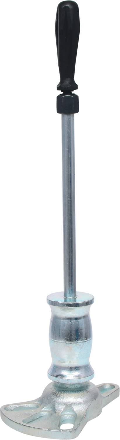 Metal support leg with a black handle, mounted on a flat base plate, used for stabilisation or support.