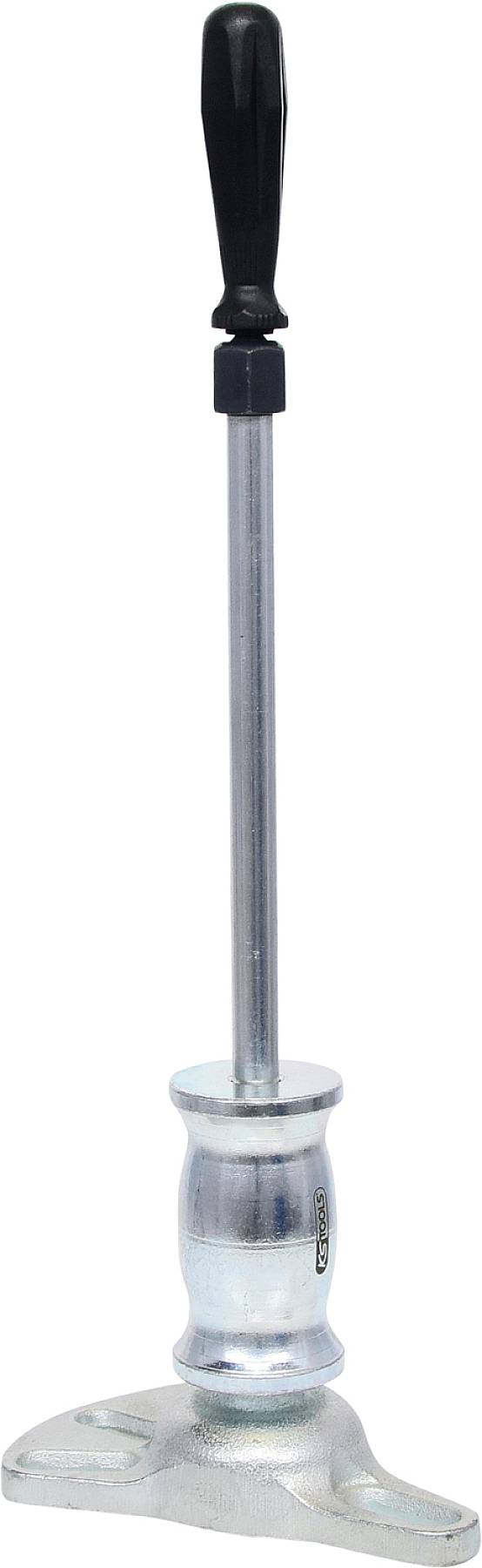 Metallic lever handle with a black grip mounted on a circular base, used for industrial or mechanical applications.