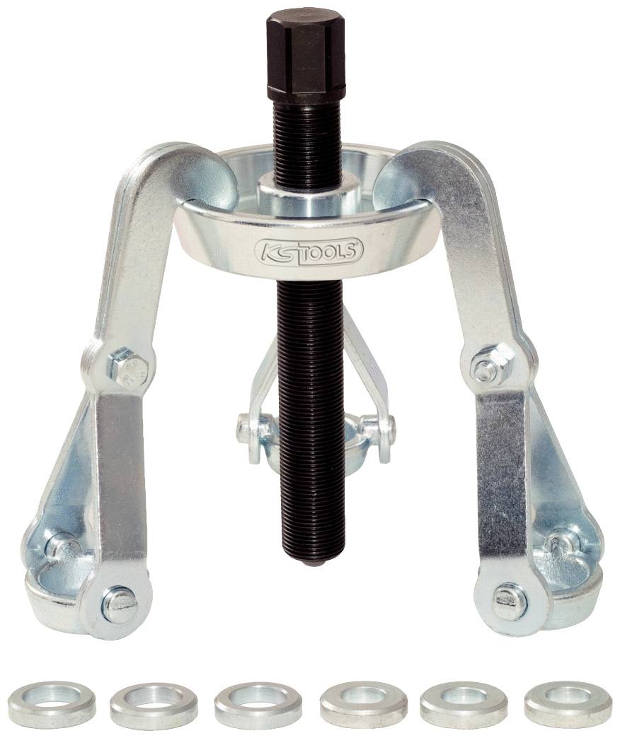 A silver puller with two arms and a black screw, surrounded by six round metal discs, is shown in the centre.