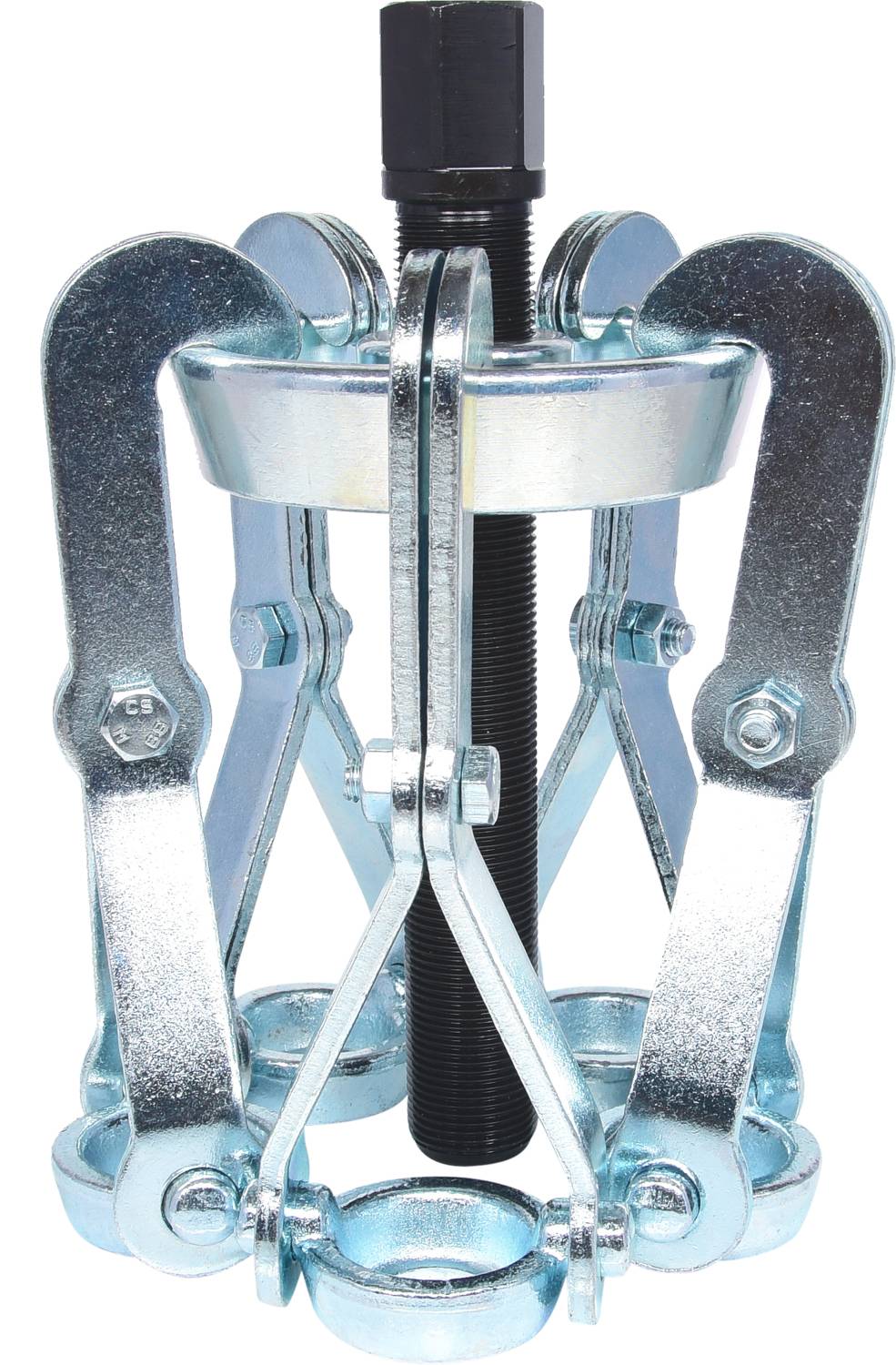 A metallic tool, known as a puller, with multiple arms and a central screw for loosening stuck parts.