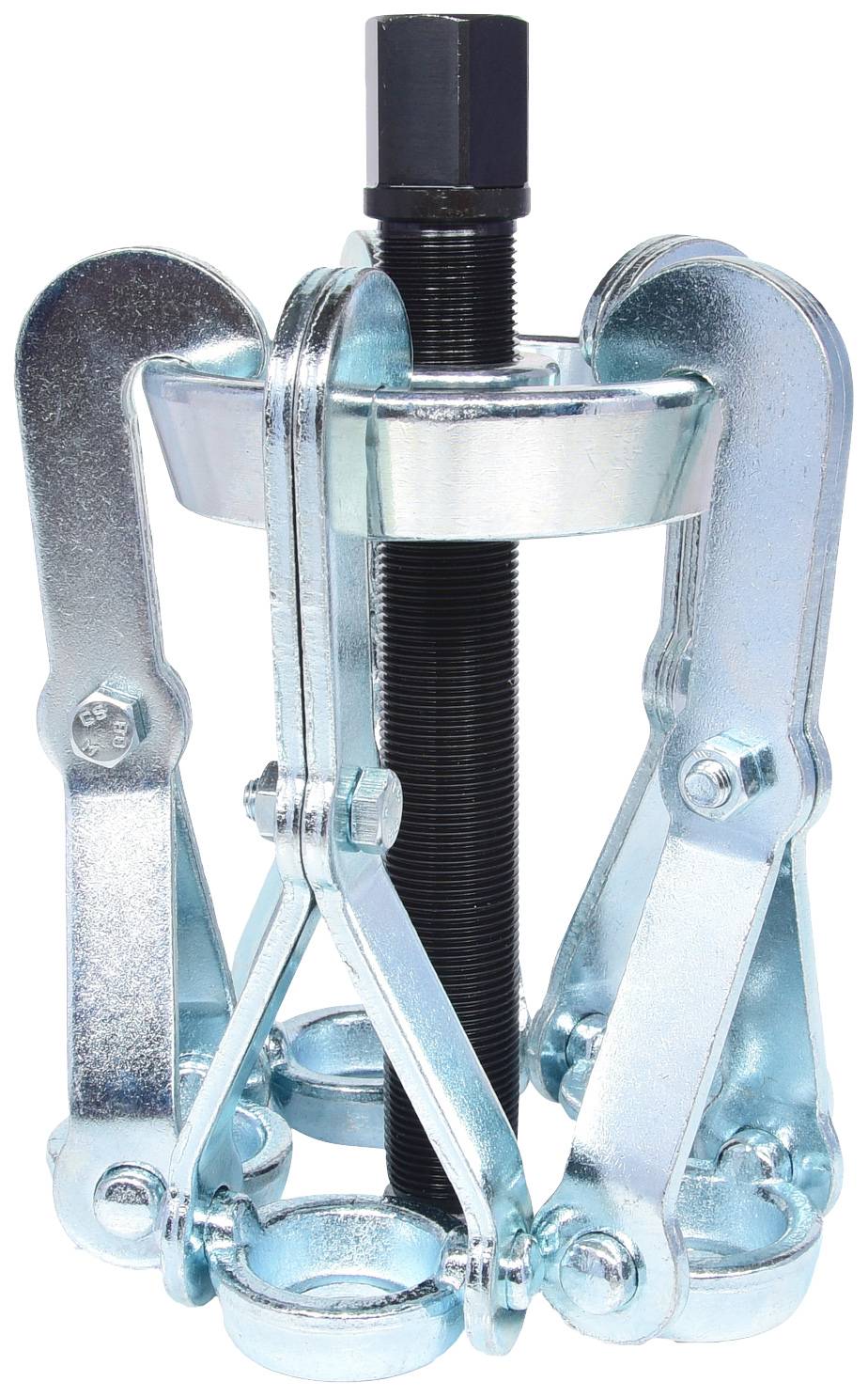 A metallic, three-armed puller used for removing bearings or gears.