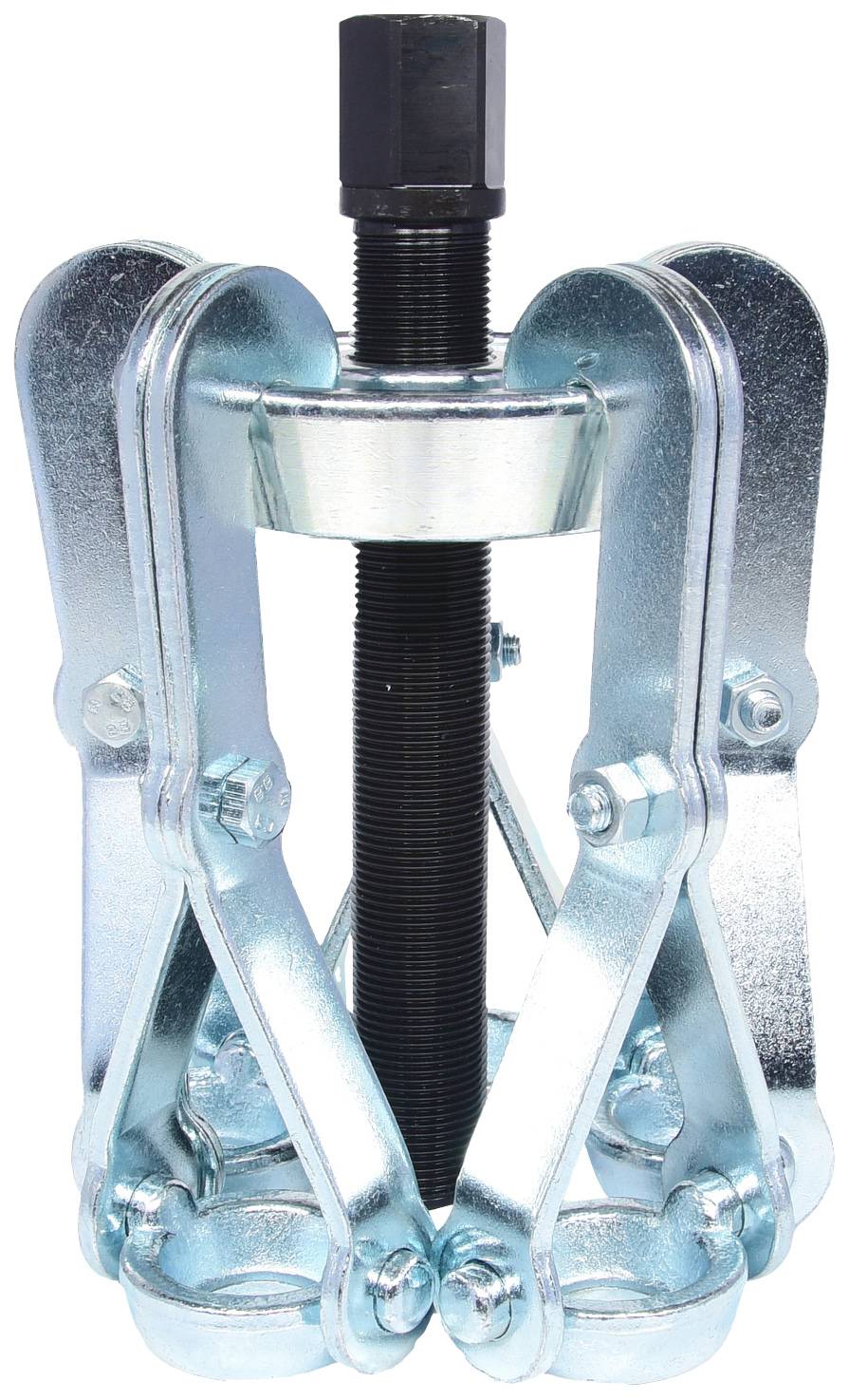 A silver-coloured puller with three arms, suitable for releasing seized parts, with a central black threaded bolt for applying pressure.