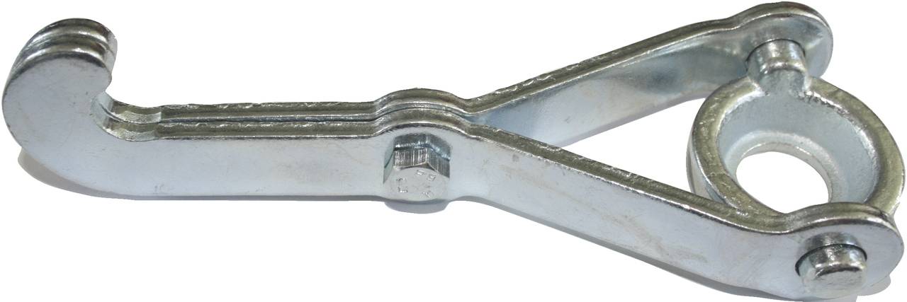 Metal lever with a curved, hook-shaped end, pivot point in the centre, and circular opening at the end.