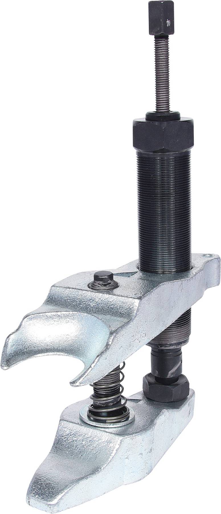 A silver-coloured puller with two curved hooks and a threaded spindle. Tool for removing bearings or gears.