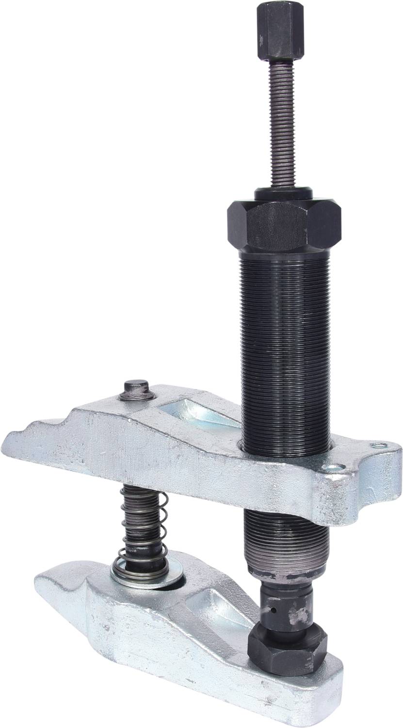 A metallic tool with a screw mechanism, likely a puller, used for removing components such as bearings or gears.