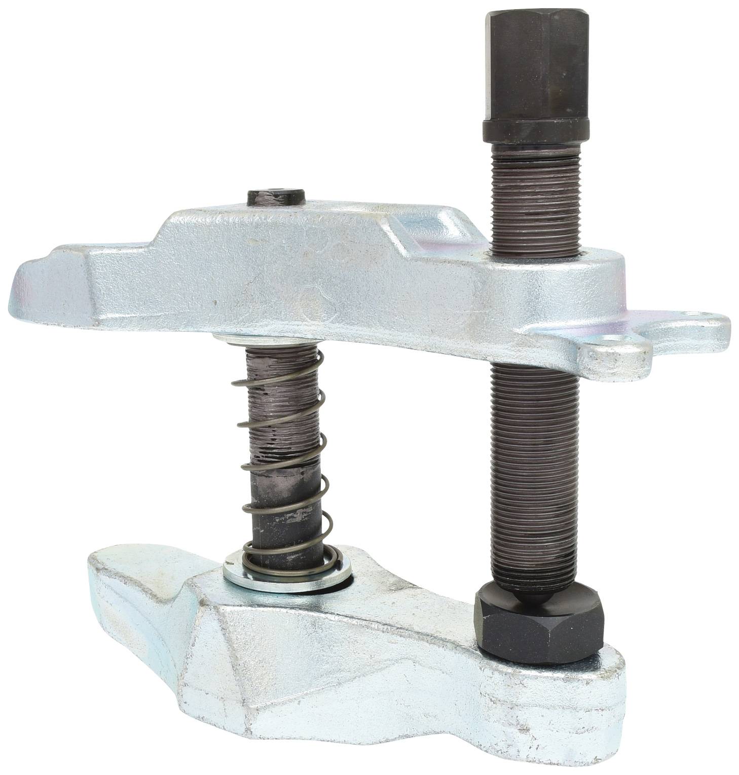 A metal spring press with bolts and spring, used for compression; important for repair and construction work.