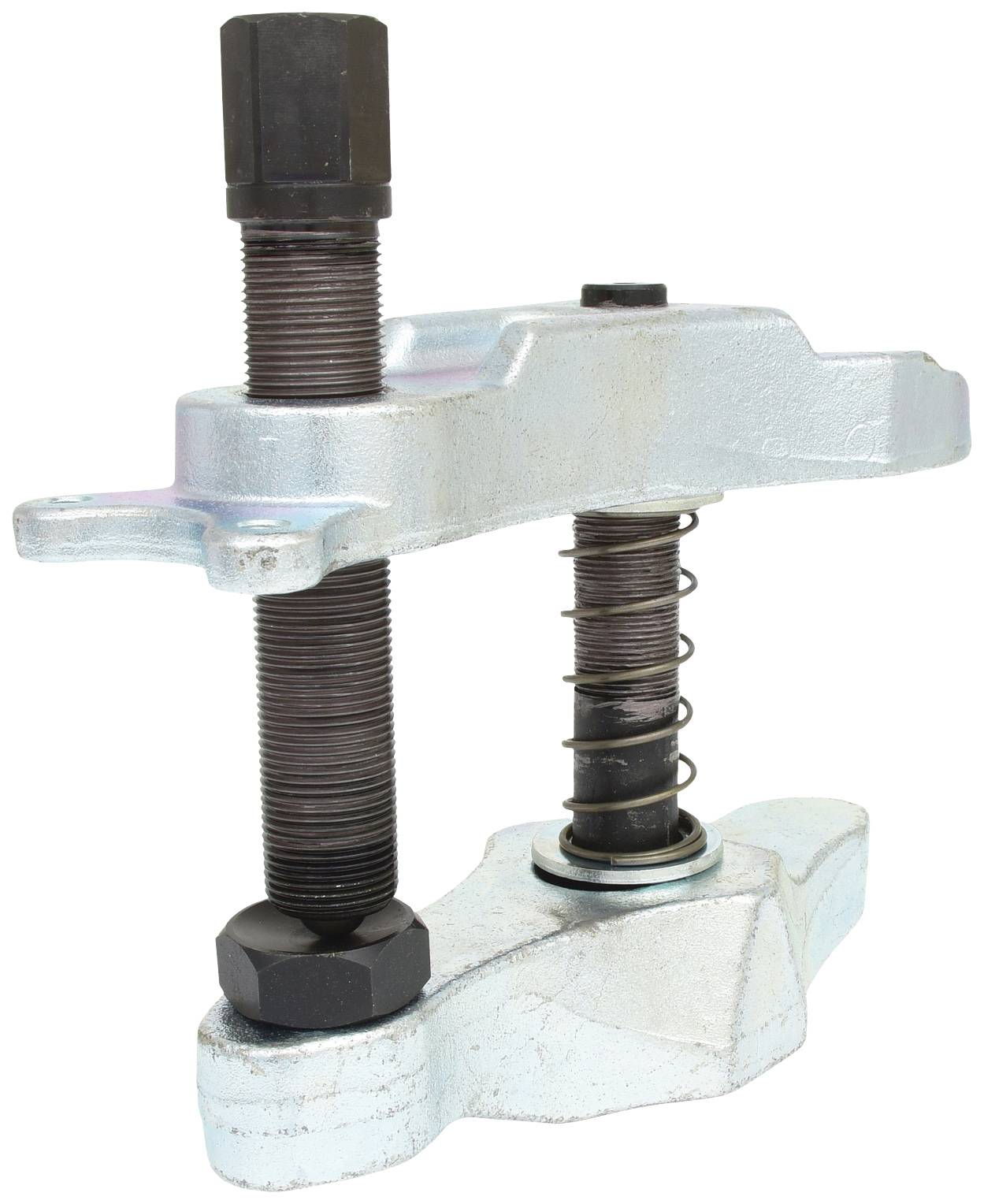 A silver puller with two long screws and a spring, used for removing bearings or other circular objects.