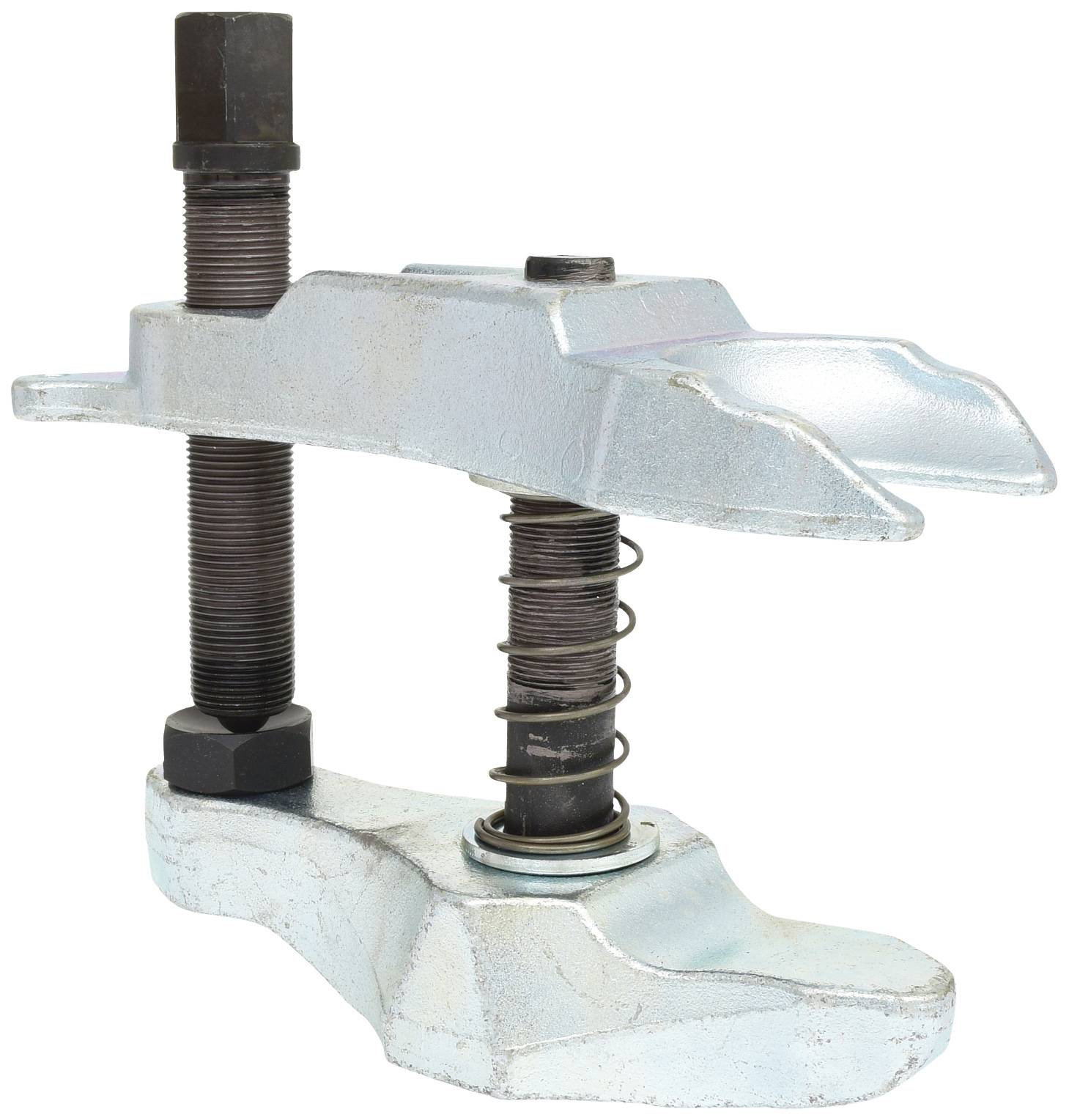A blue puller with two handles, a spring, and a screw. It is used to remove tight parts from shafts.