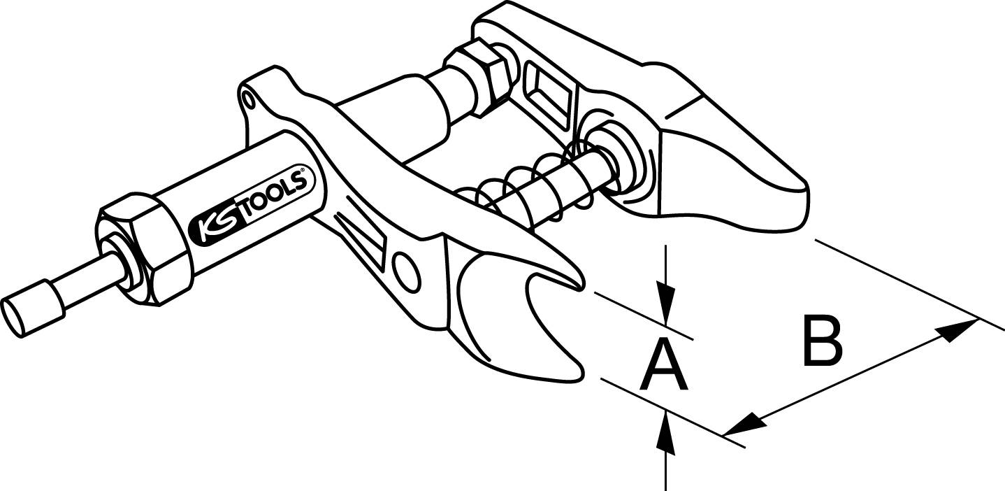 'KS Tools' bearing removal tool. Measurement A indicates the clamping range, measurement B shows the tool's reach.