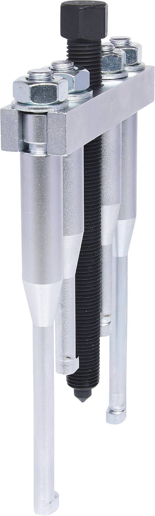 Three-armed puller tool with a central bolt for removing bearings or gears from machinery.