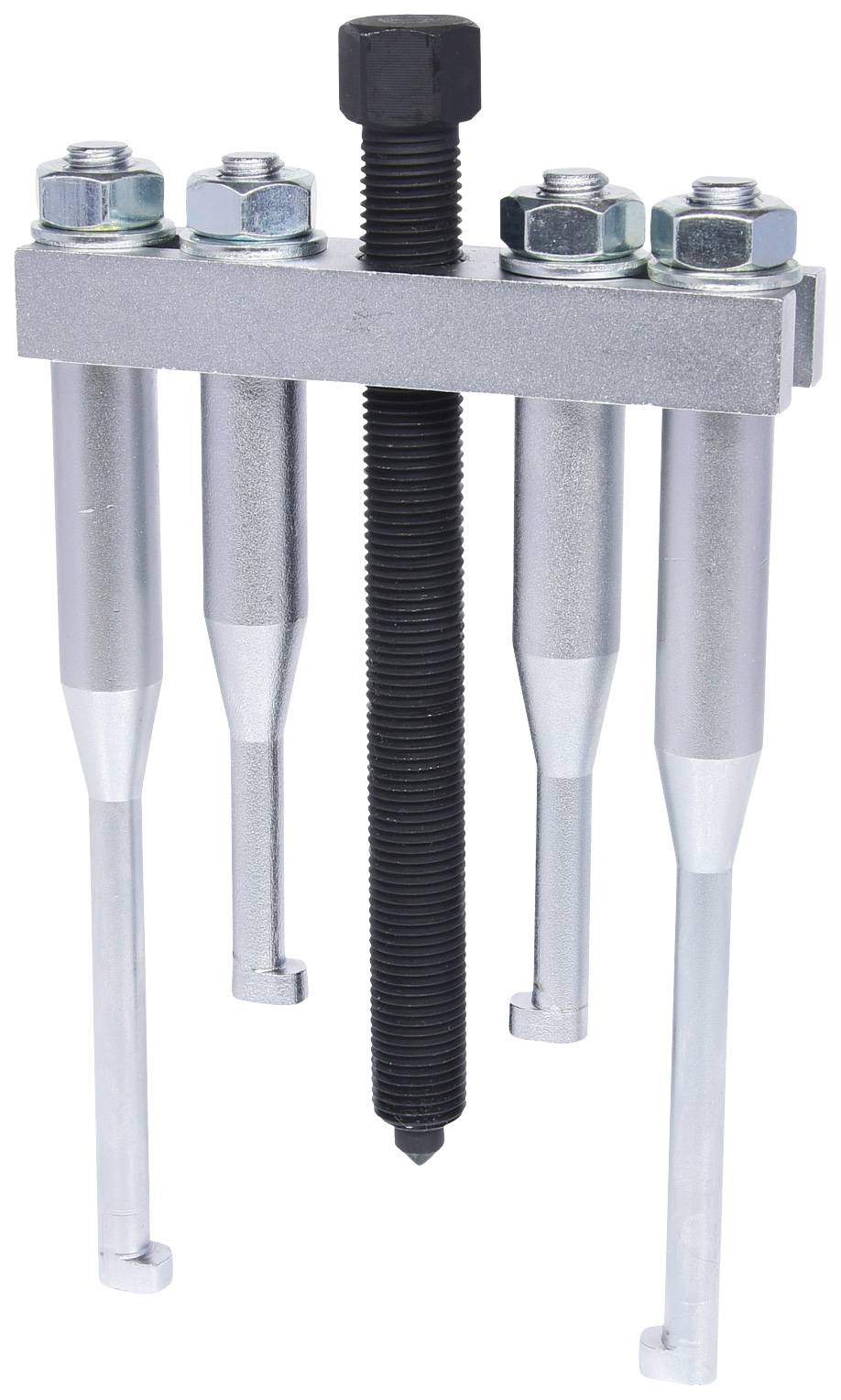 Four-armed puller with screws for dismantling bearings or gears on machines. Placed on a grey background.