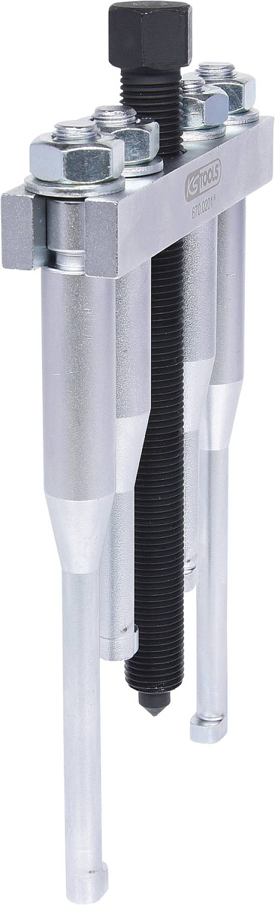 A metal puller tool with two long arms and a central screw, used for removing gears or bearings.