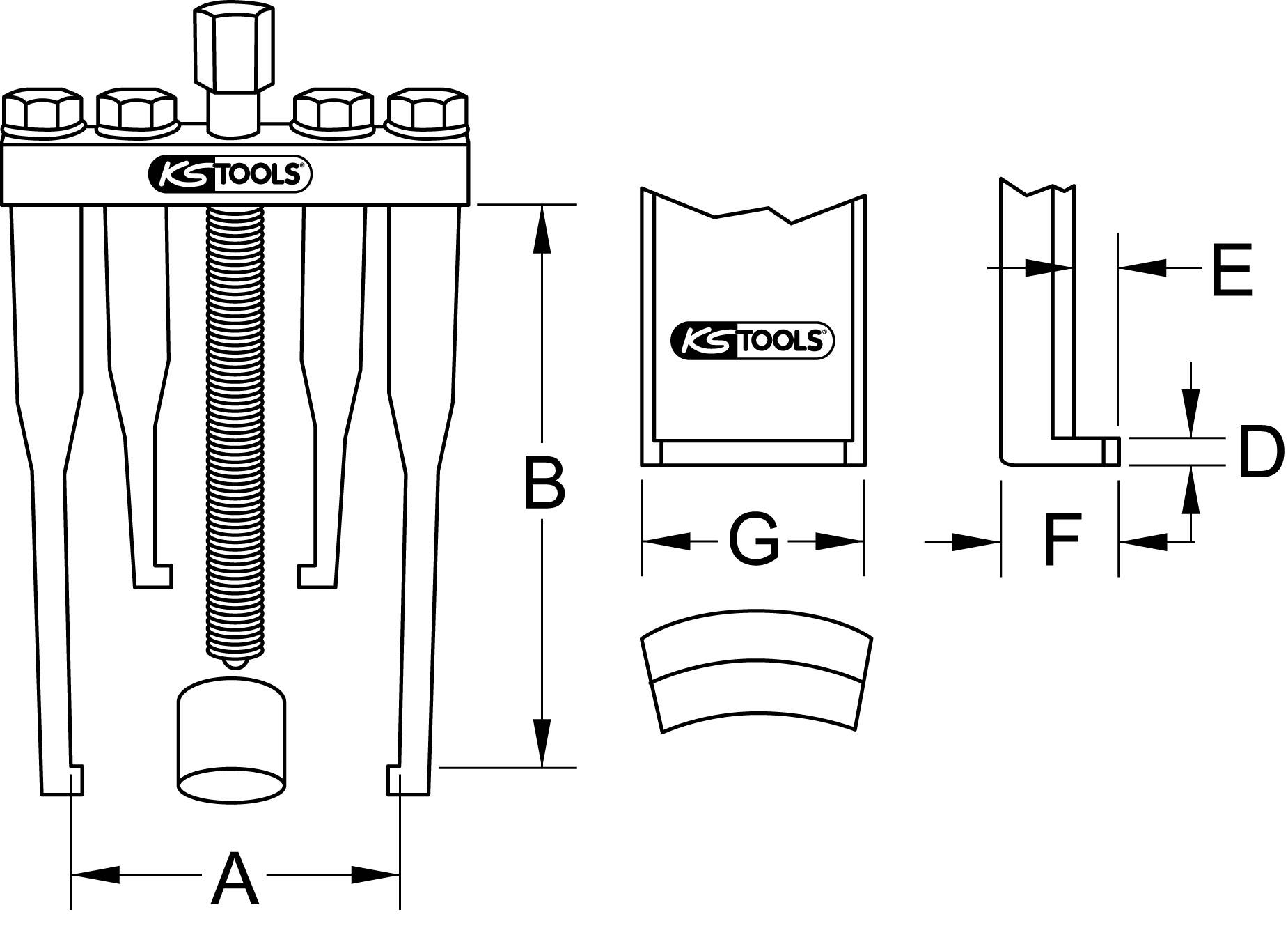 Technical drawing of a puller with screw and dimensions: A, B, D, E, F, G. Front and side views are shown.