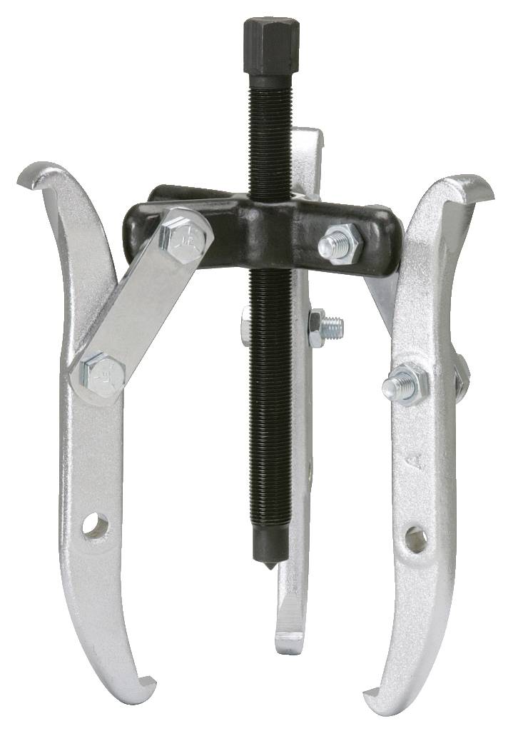 A mechanical puller with three hooks for removing bearings or gears. Silver hooks with black spindle screw.