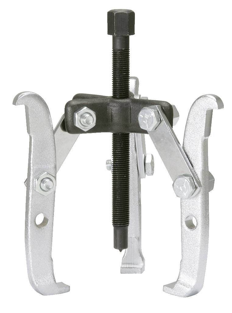 A three-legged metal puller with a central threaded spindle and movable arms for removing parts.