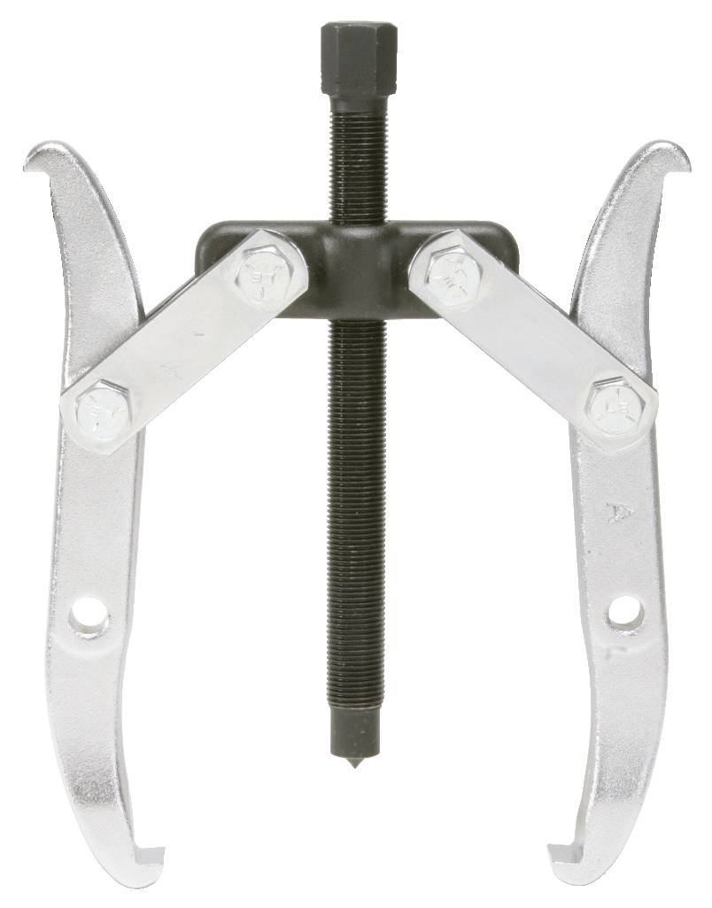 Two-pronged metal puller. With two hook arms and a central screw for removing components such as bearings or gears.