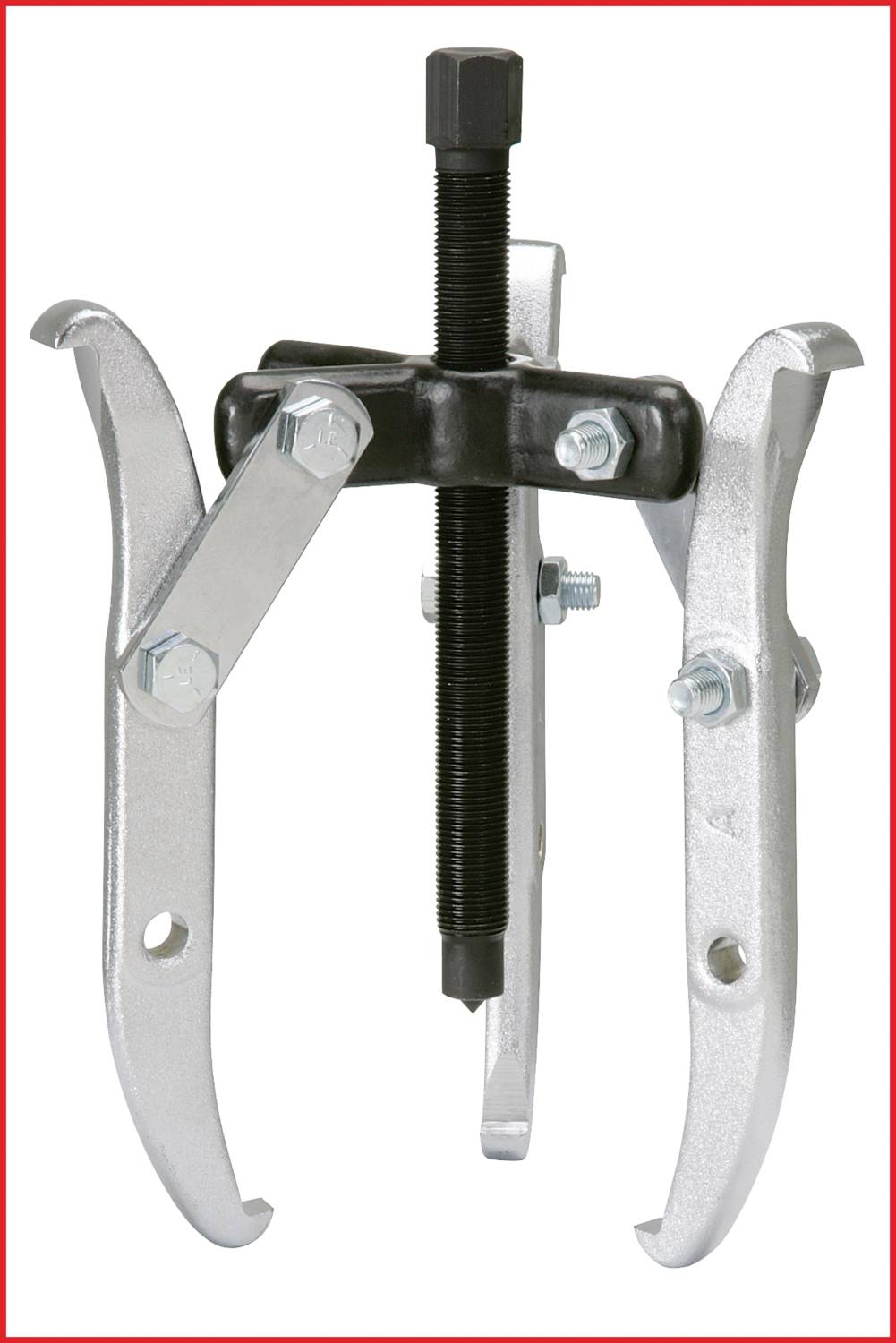 A silver two-arm puller with a black screw in the centre, used for removing gears or bearings from a shaft.