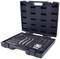 A black tool case with an open lid, containing various tool attachments and screws in neatly organised compartments.