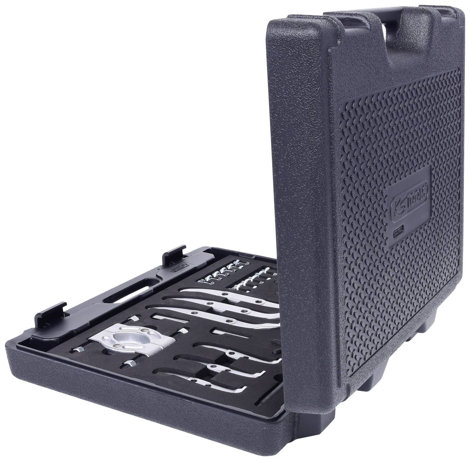 An open black toolbox with various spanners and accessories neatly organised in compartments.