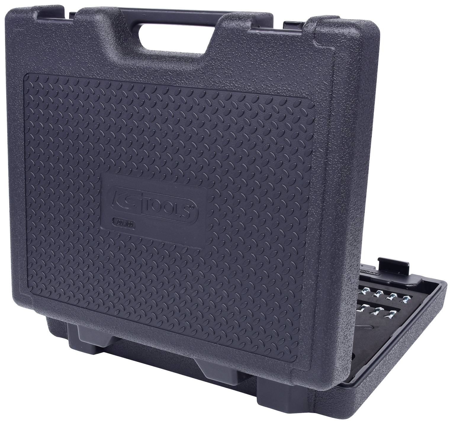 Black hard-shell case with tool set, opened, showing various attachments and tools, suitable for repair work.