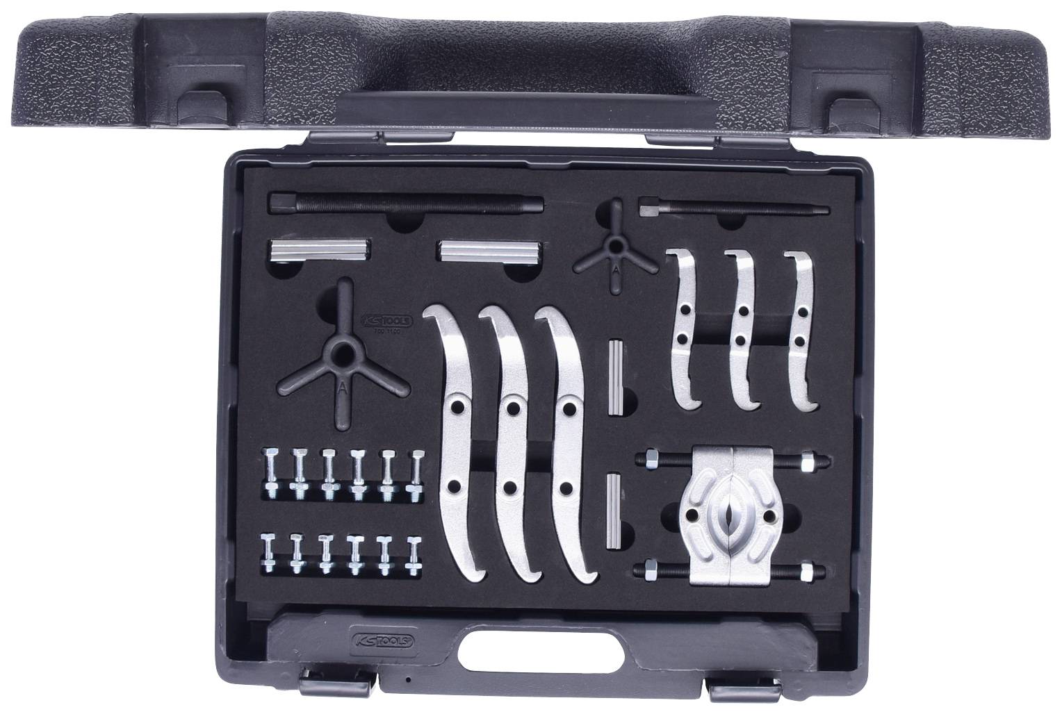 'Set of metal tools arranged in a black case. Contains hooks, screws and fixings embedded in foam.'