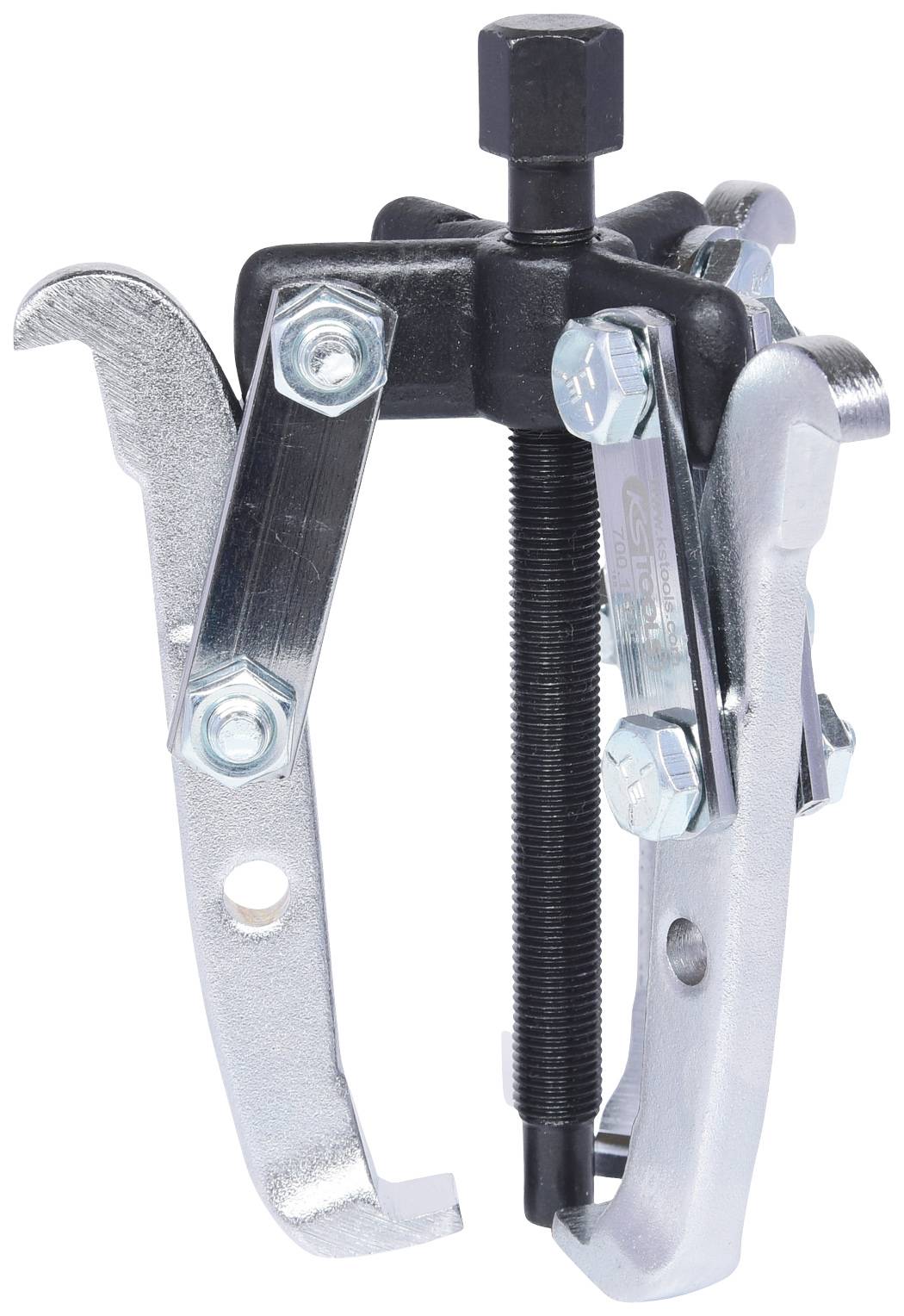 A three-jaw puller with silver gripping arms and a central screw for removing bearings or gears from a shaft.