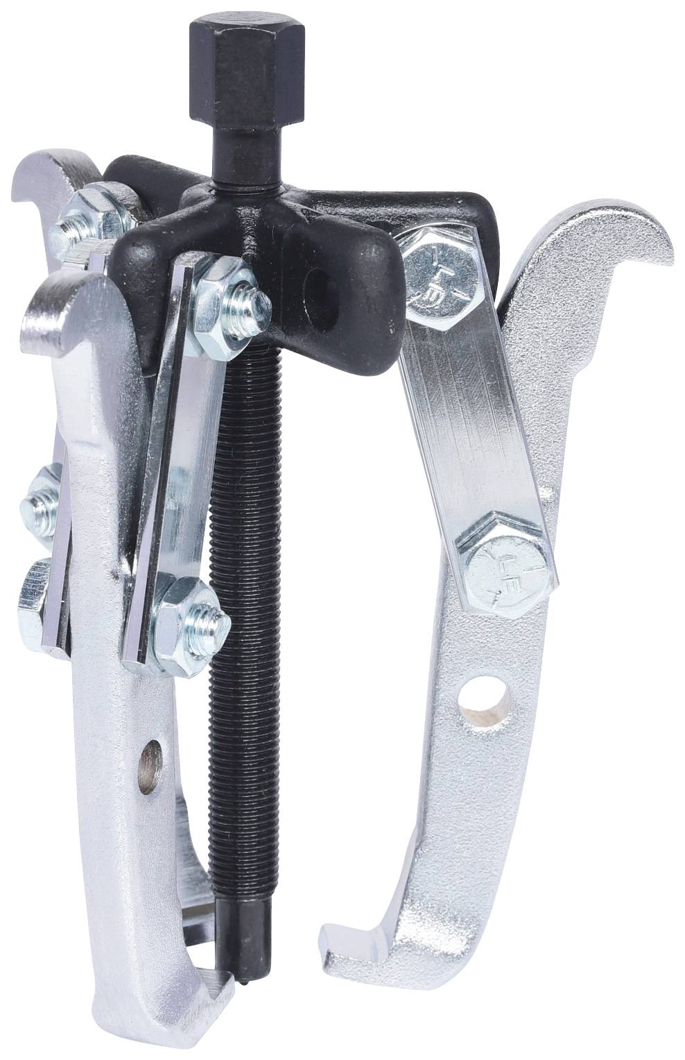 Three-legged metal puller mechanism, consisting of a central spindle bolt and three adjustable gripping arms. Tool for assembly work.