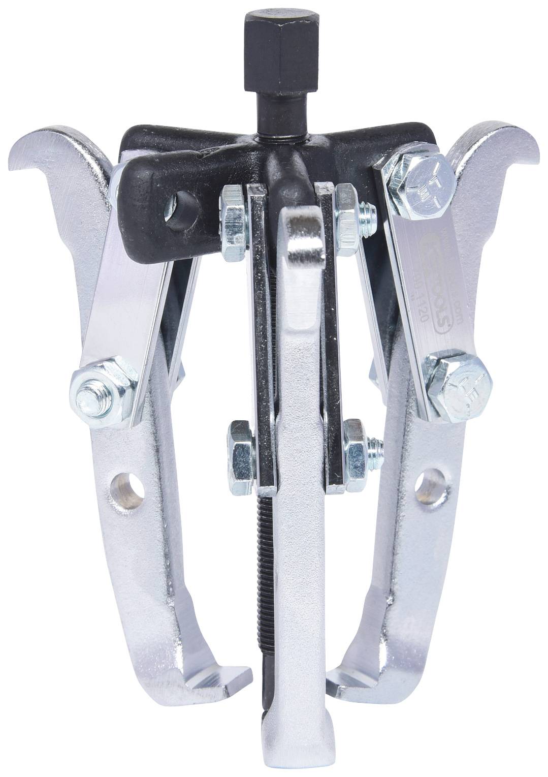 A three-legged metal puller with a knurled screw on top, used for removing bearings or gears from a shaft.