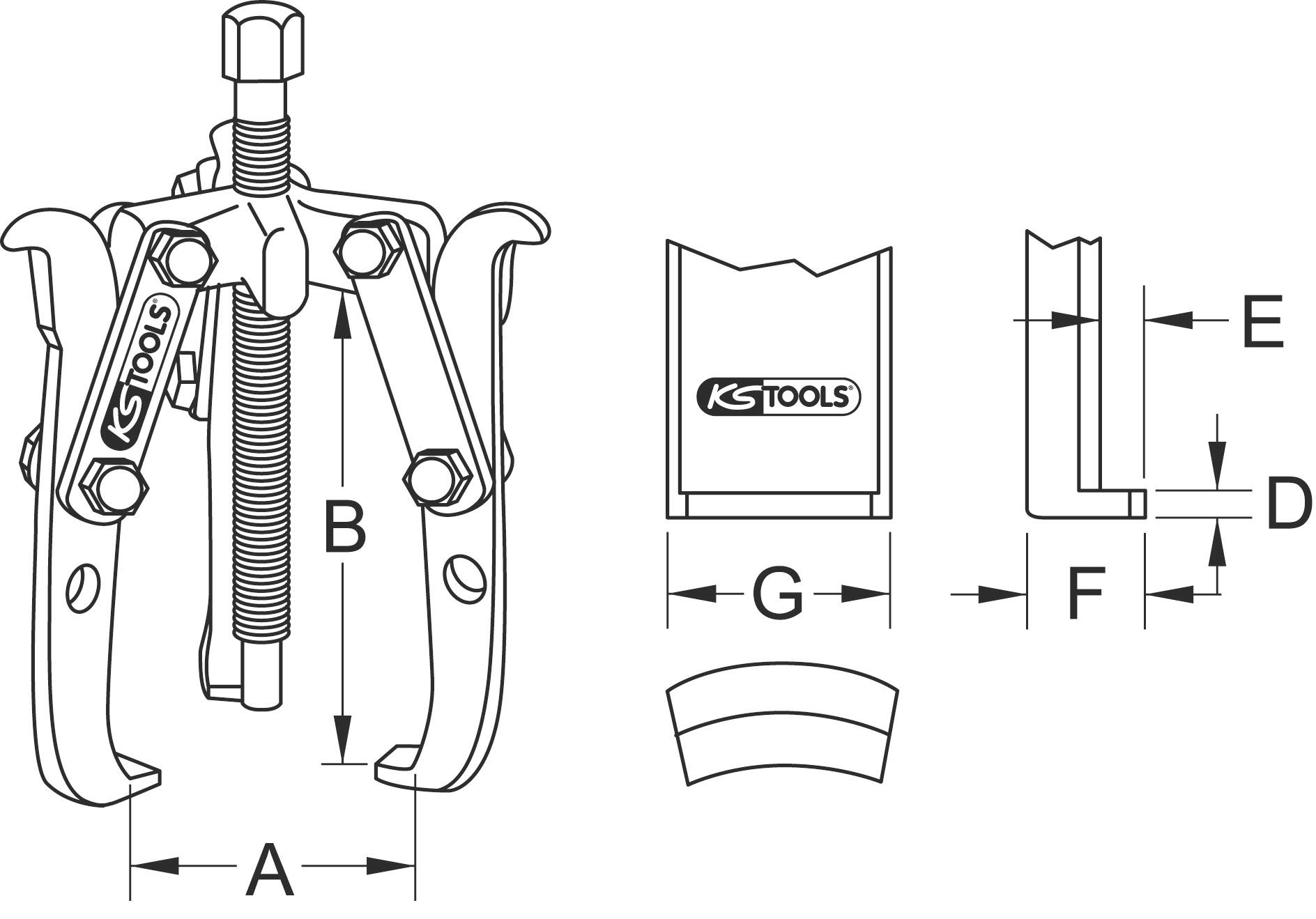 Pullers and Dimensional Drawings: Two-armed pullers with a central screw; dimensions A to G denote various parts and distances.