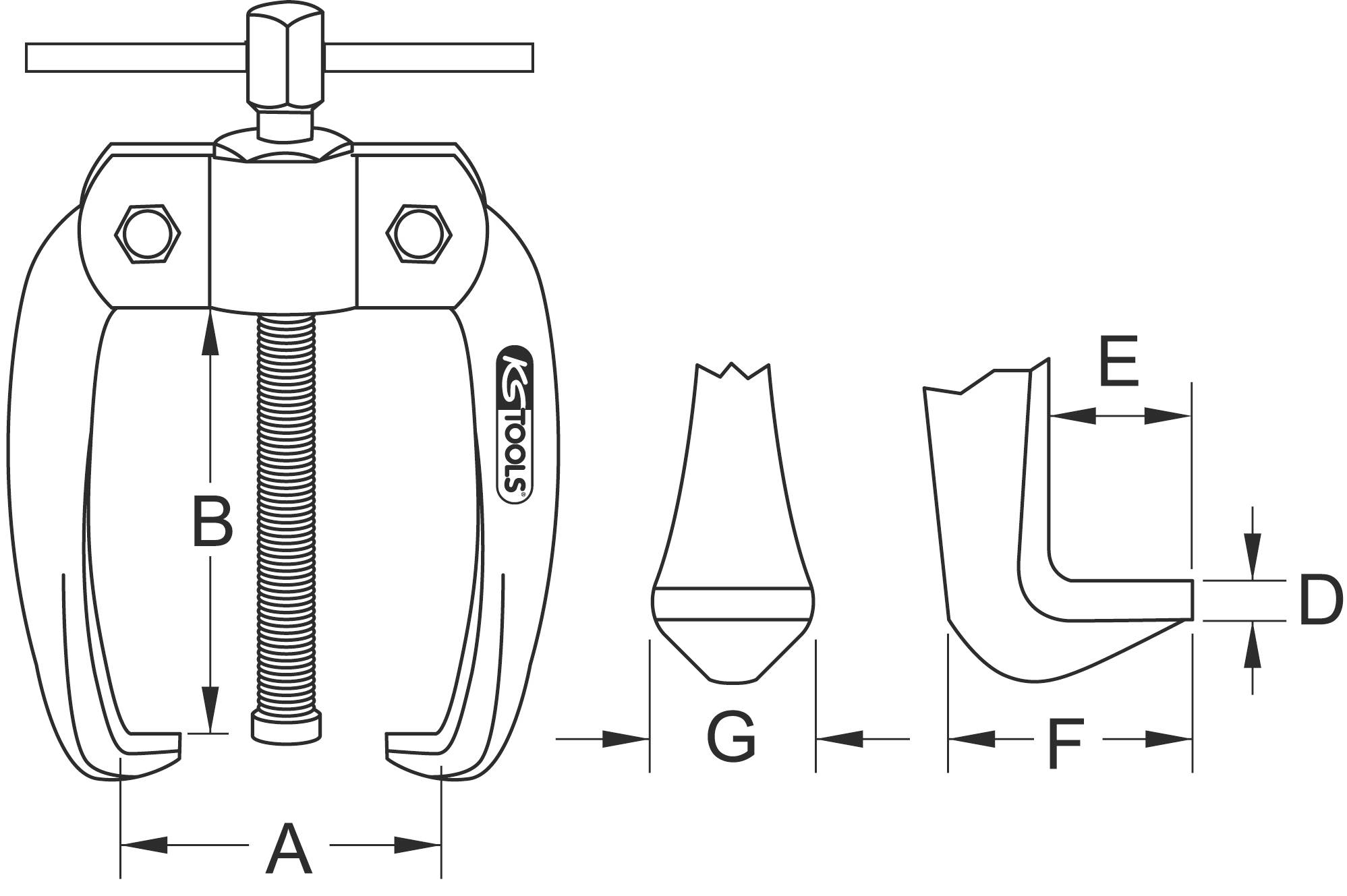 Technical drawing of a puller with dimensions in millimetres. Main components labelled with letters A to G.