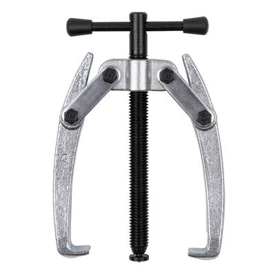 A two-legged metal puller with a threaded tensioning spindle, designed for removing tightly fitted components such as ball bearings or gears.