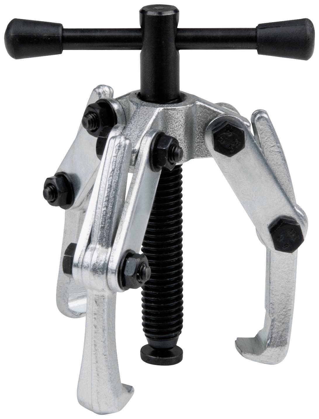 A silver three-legged puller with a black spindle and T-handle, used for removing bearings or gears from shafts.