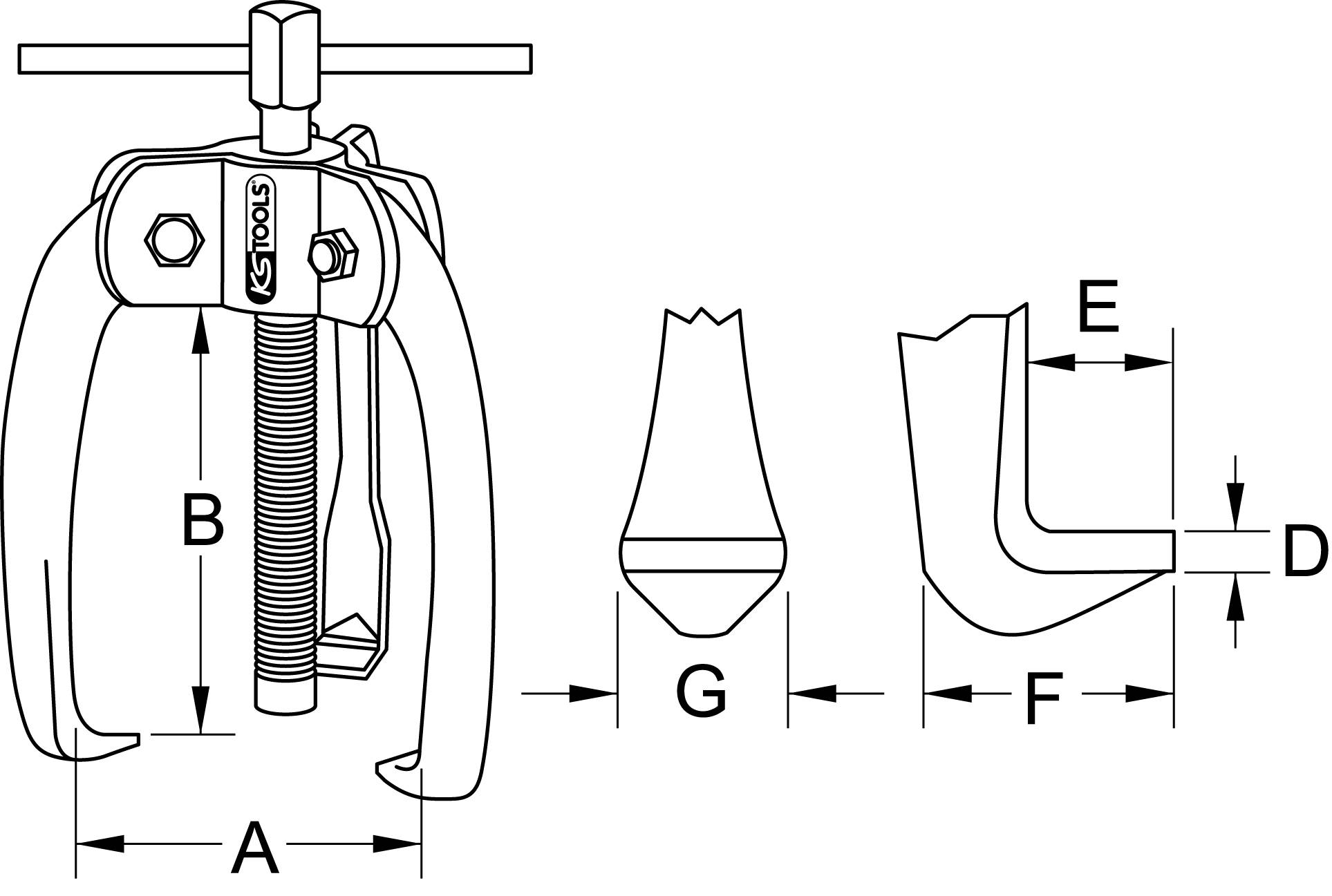 A technical drawing of an extractor with dimensions A, B, D, E, F and G. Includes front view and side view of the components.