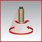 A bronze-coloured cylindrical form rotates clockwise, surrounded by a transparent cone with a red border and arrows.