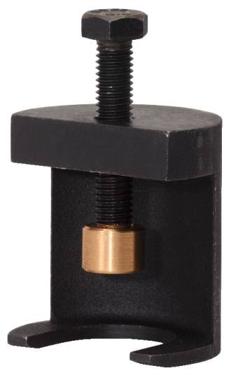 A black machine vice with a golden nut and threaded rod for securing workpieces.