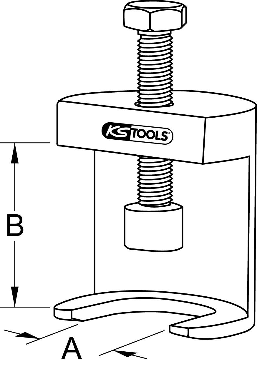 A G-clamp with a movable bolt, labelled 'KS Tools'. Dimensions A and B are marked with arrows.