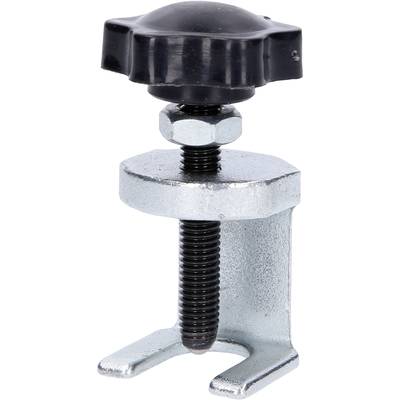 A black rotary knob attached to a silver metal bracket with a screw. Used for fixing or clamping.