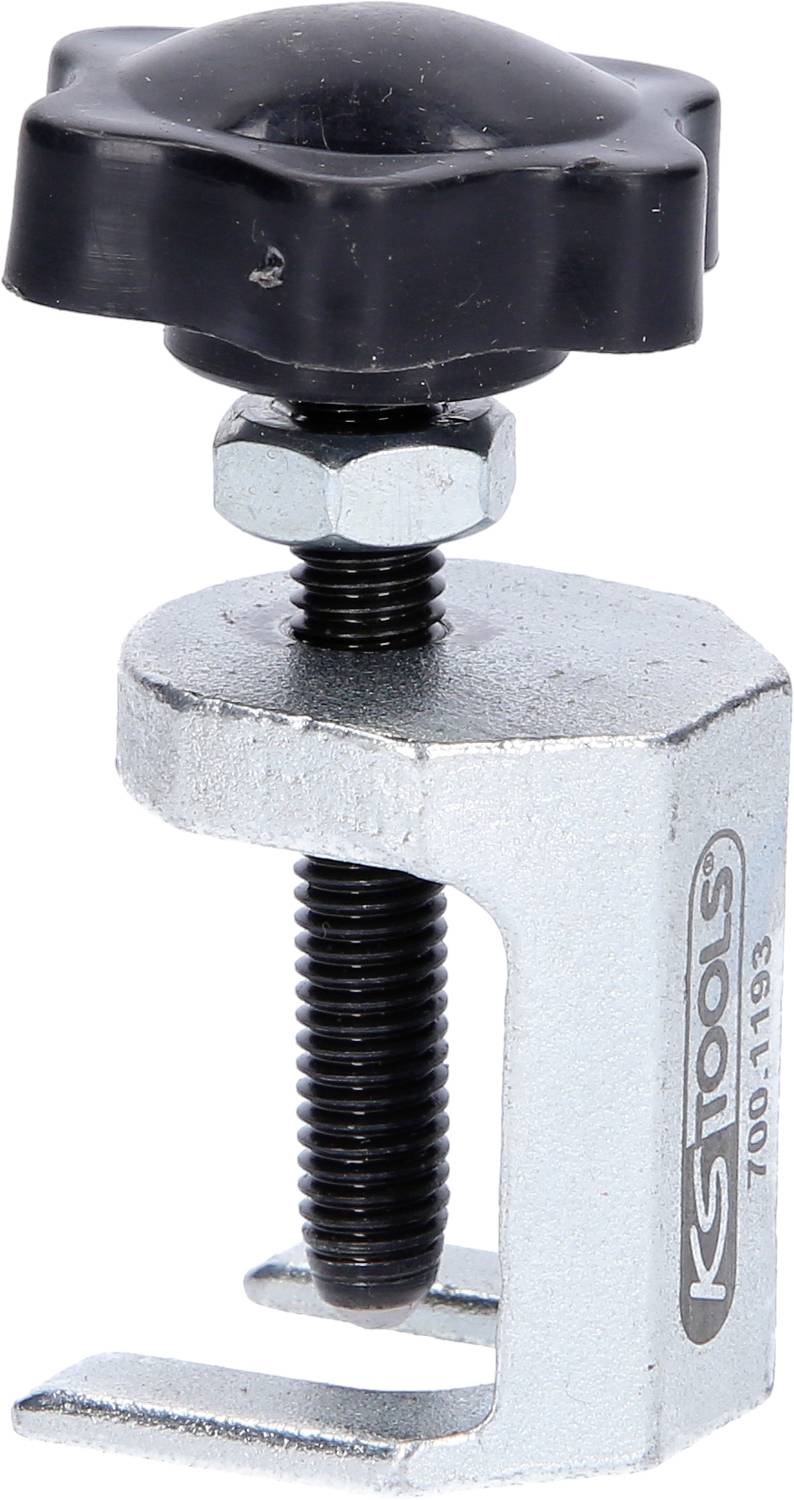 A silver G-clamp with a black turning handle. The inscription reads 'KS TOOLS'. Suitable for securely fixing workpieces.