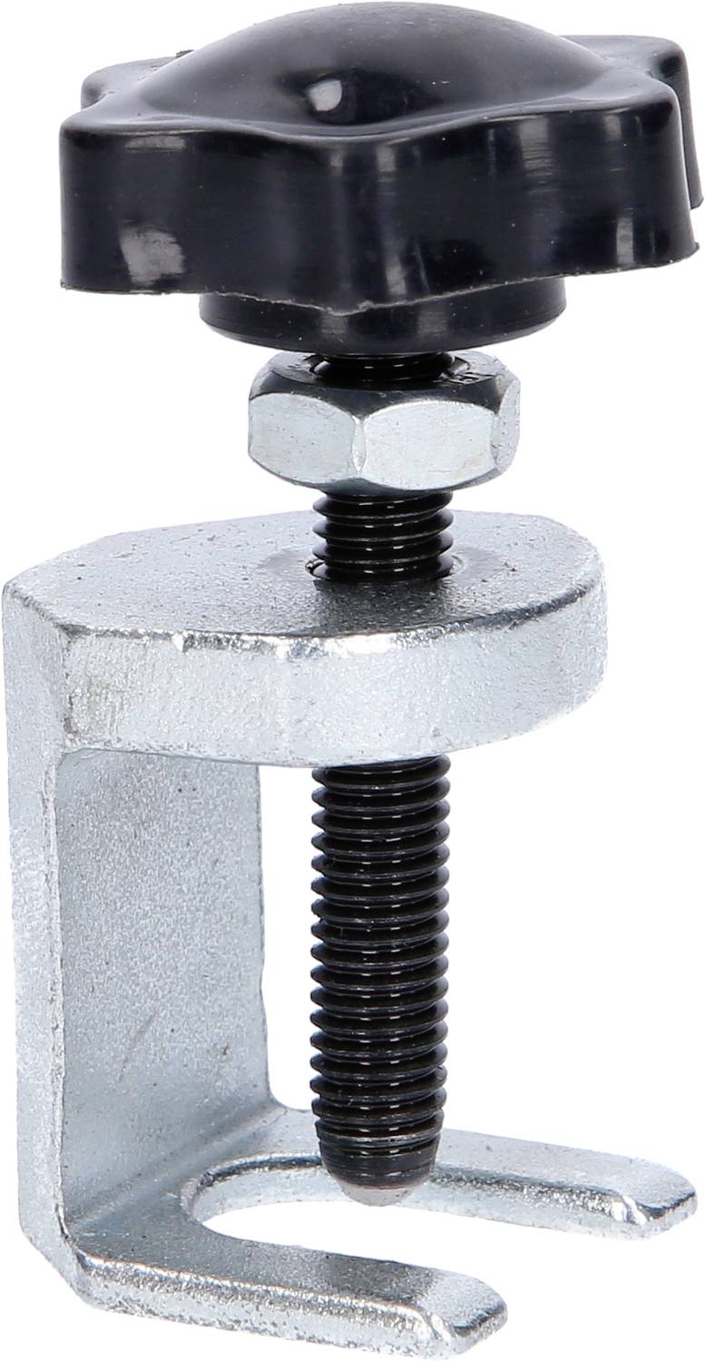 'Metal clip with black rotating knob on top and threaded screw. Used for securing materials.'