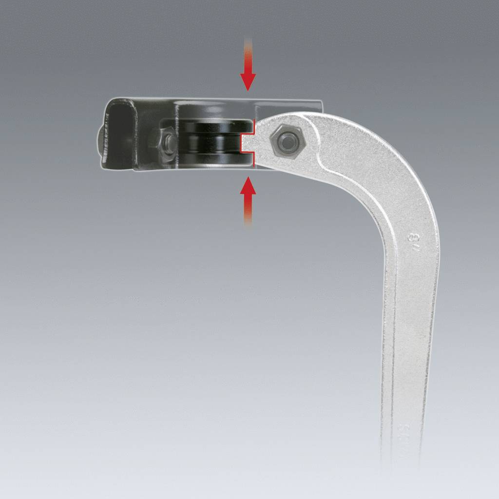 The image shows a spanner tightening a nut. Two red arrows indicate the direction of the rotational movement.