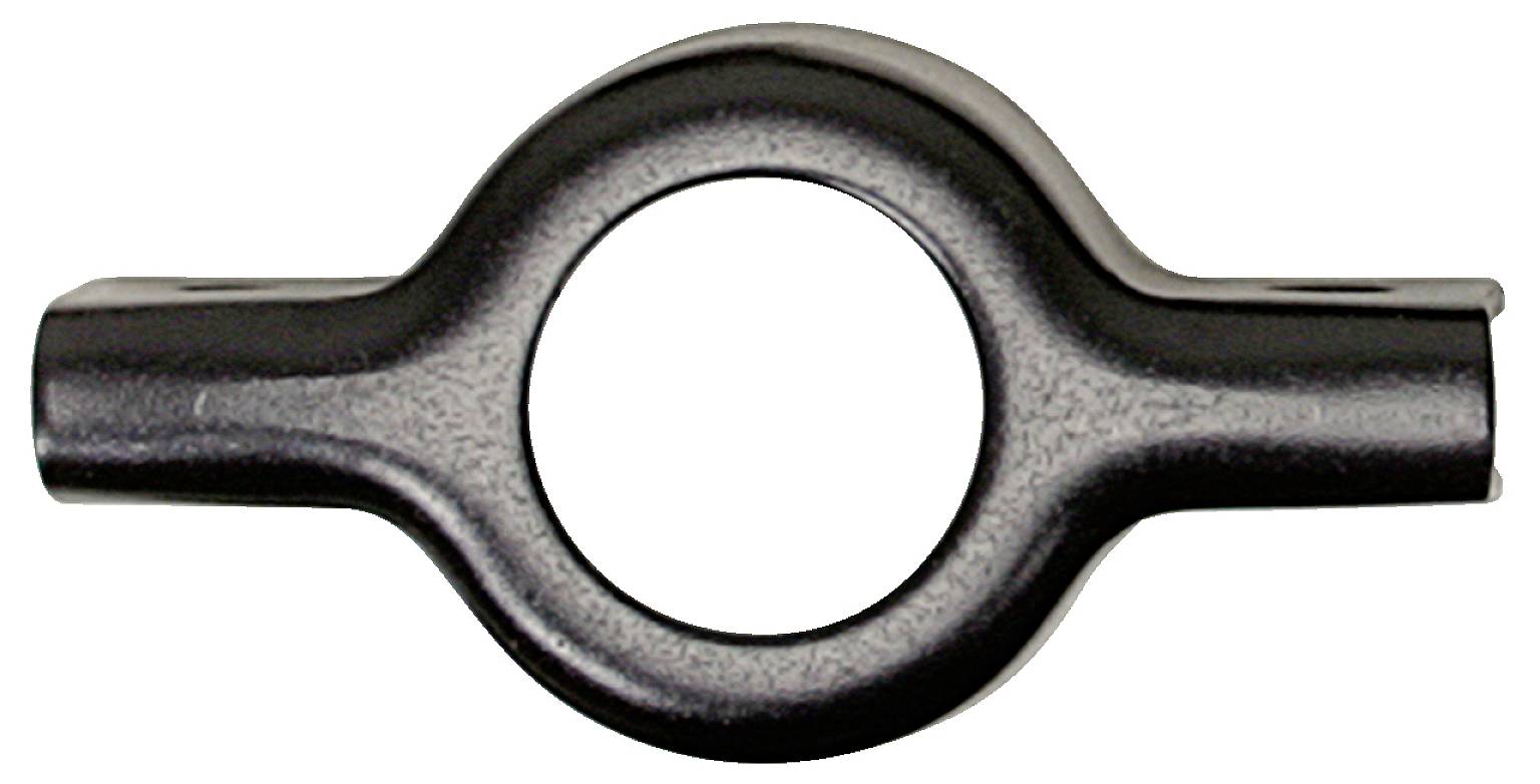 Black metal pipe clamp element with a circular centre and two extending arms.