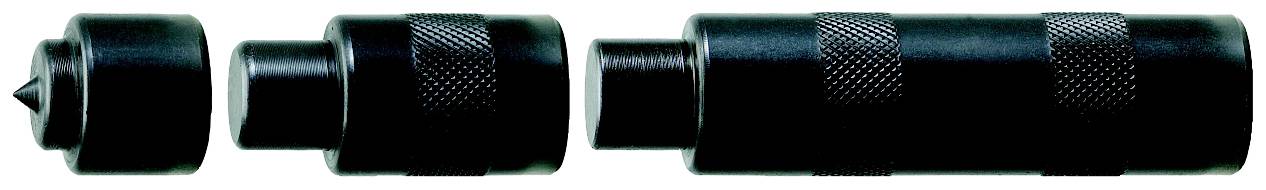 Three black, cylindrical metal parts are lying side by side. The parts have ridged surfaces and appear to belong together.