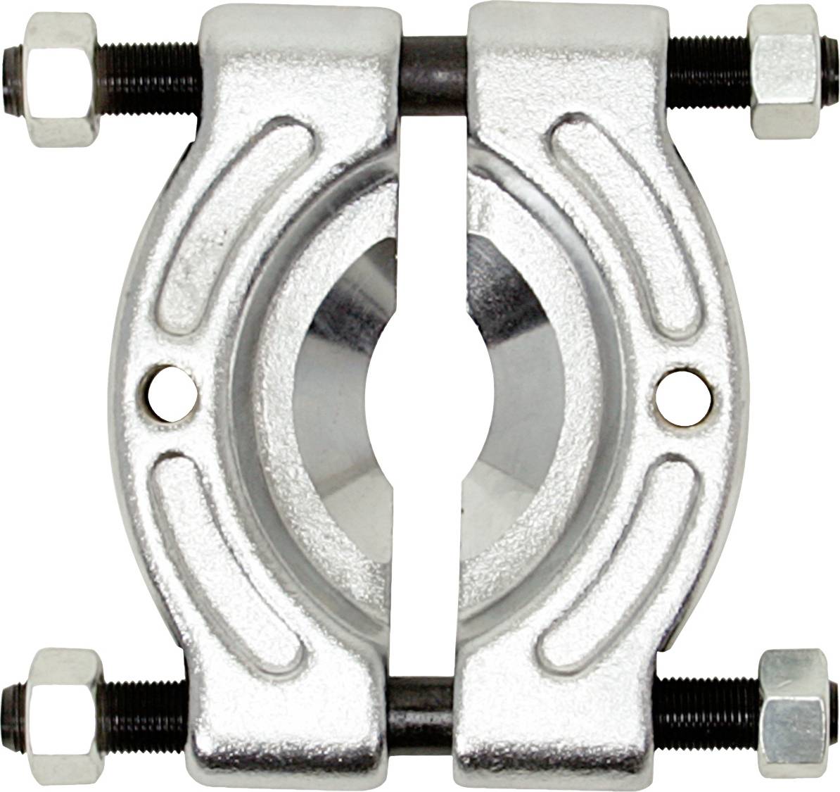 Metal bearing separator with screw fastenings on both sides, silver and black, symmetrically arranged.