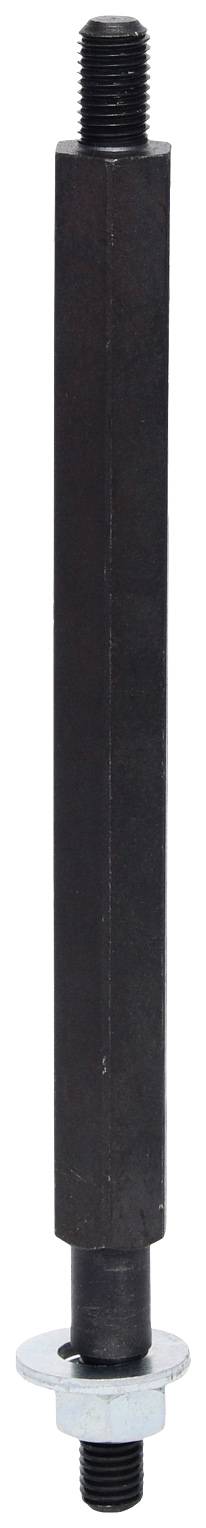 A long, dark metal rod with threads at both ends and a metal disc in the middle, presumably a screw tension tool.