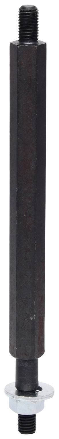 A long, hexagonal metal bar with a black coating and threads at both ends, suitable for fastening purposes.