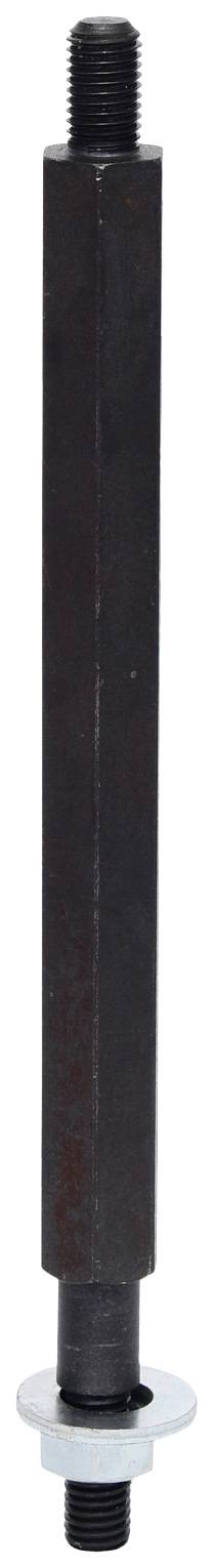 Long, hexagonal metal rod with threaded ends and a round disc in the middle.