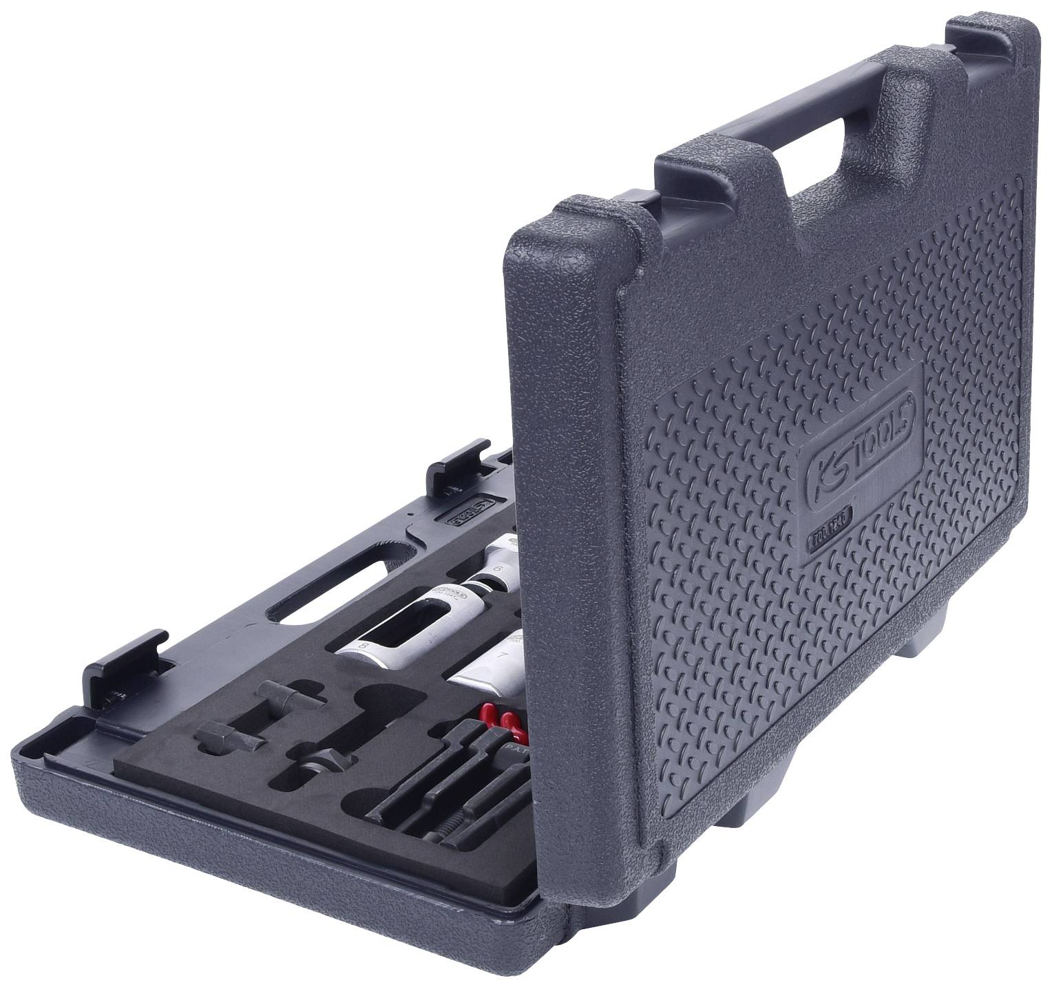 An opened black plastic case with foam lining, securely holding various tools, including an angle grinder.