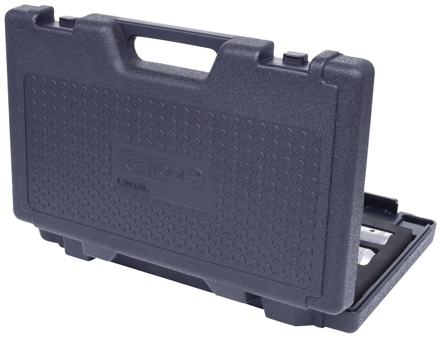 'Black plastic tool case with carry handle, suitable for securely storing tools or accessories.'
