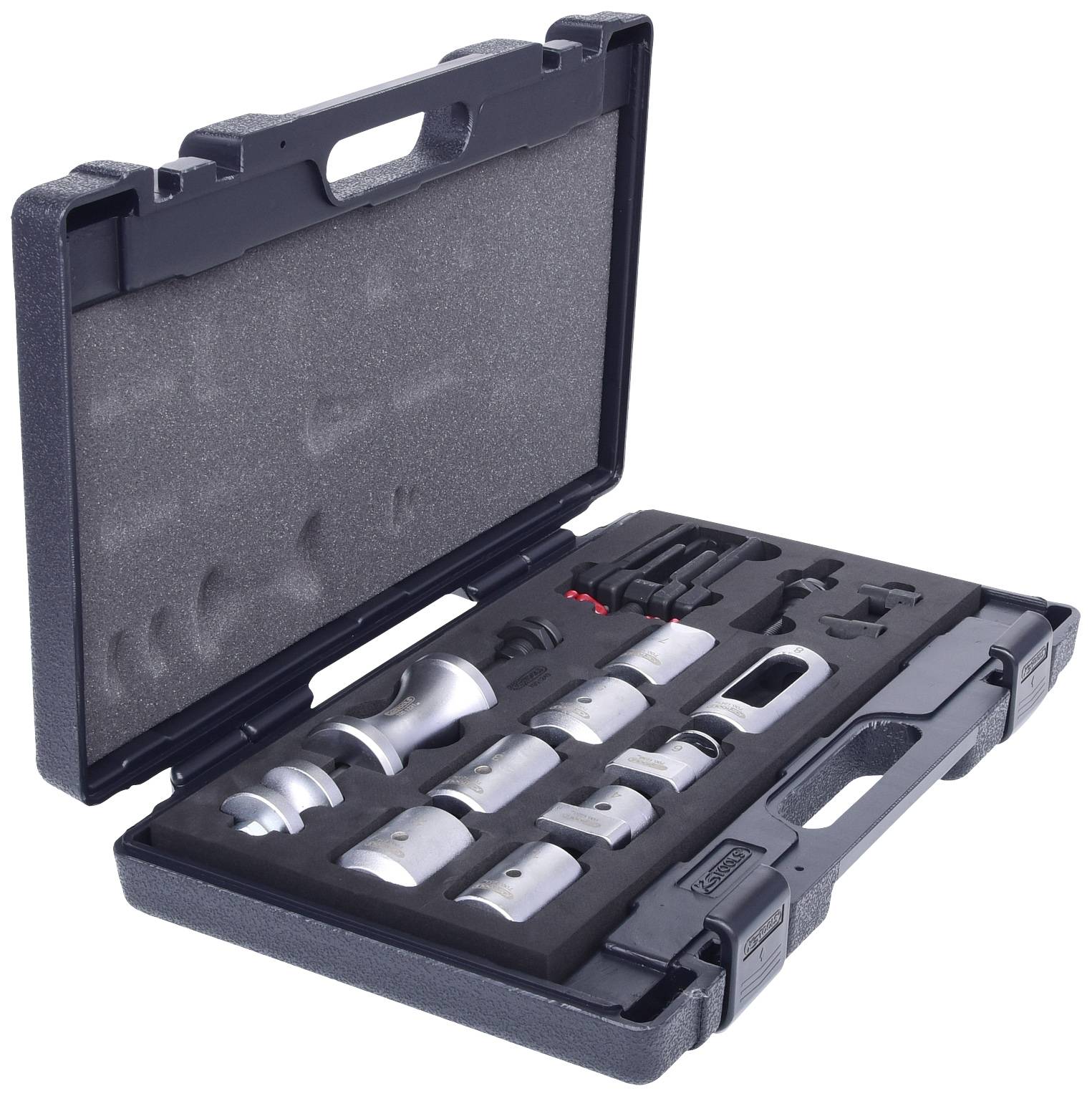 Tool case with open lid; contains multiple metal tools stored securely in shaped foam.