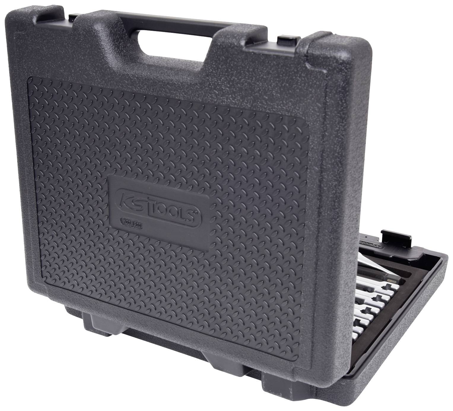 Black tool case with carry handle, partially open and showing various tools inside.